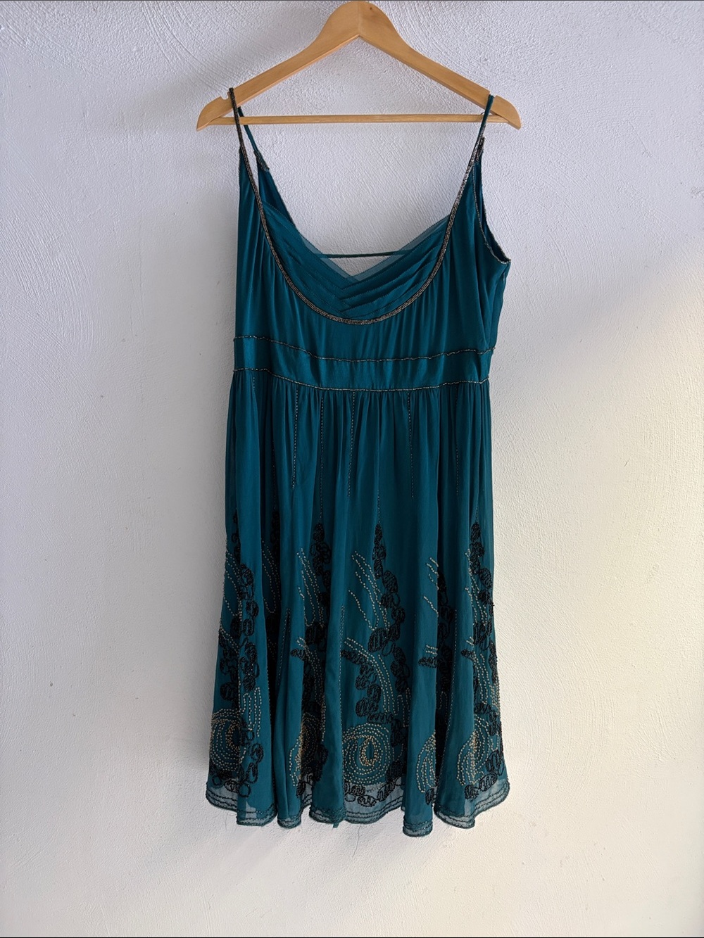 Teal Beaded Spaghetti Strap Dress with Bow Waist